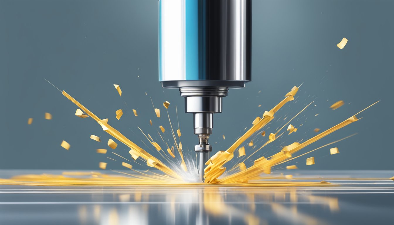 A carbide reamer rotating at high speed while cutting into a metal workpiece, with chips flying and coolant spraying for performance optimization