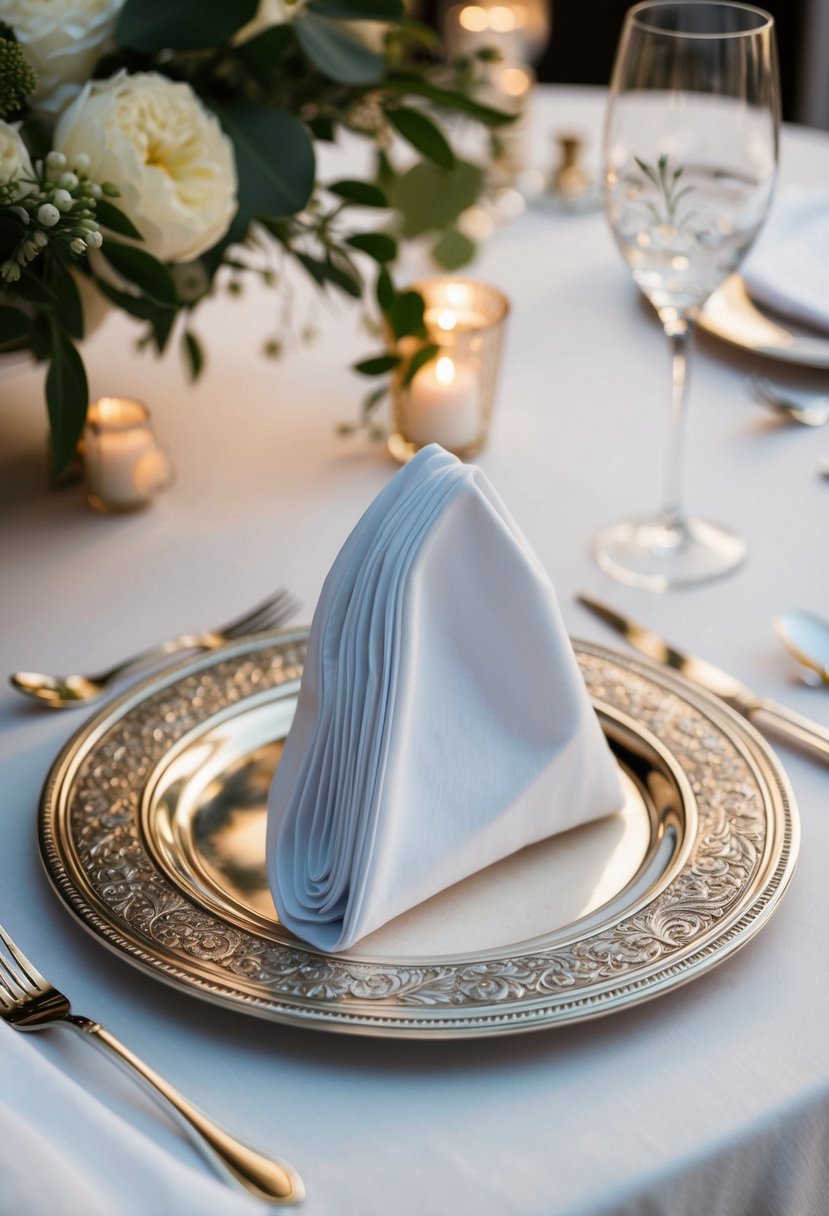 An intricately folded napkin rests on a silver charger, set on a beautifully decorated wedding table