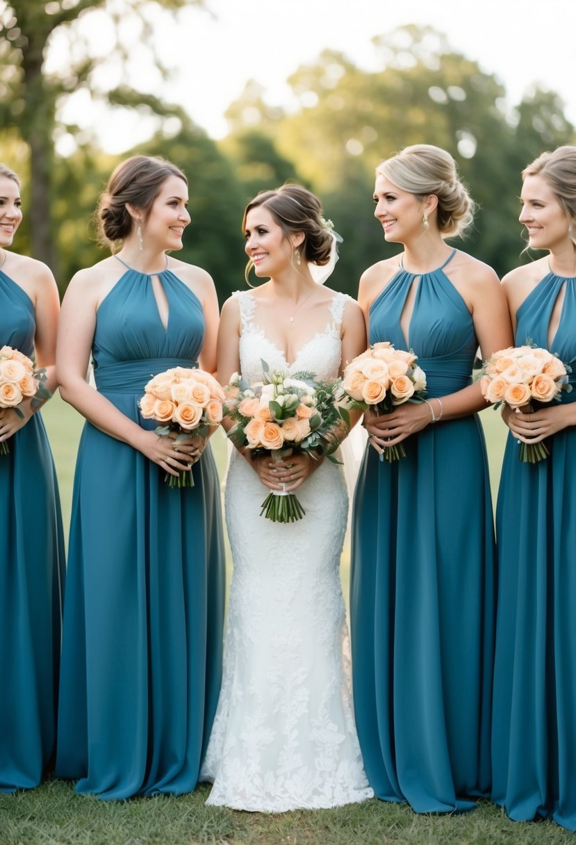 Slate blue bridesmaid dresses with peach bouquets in a wedding setting