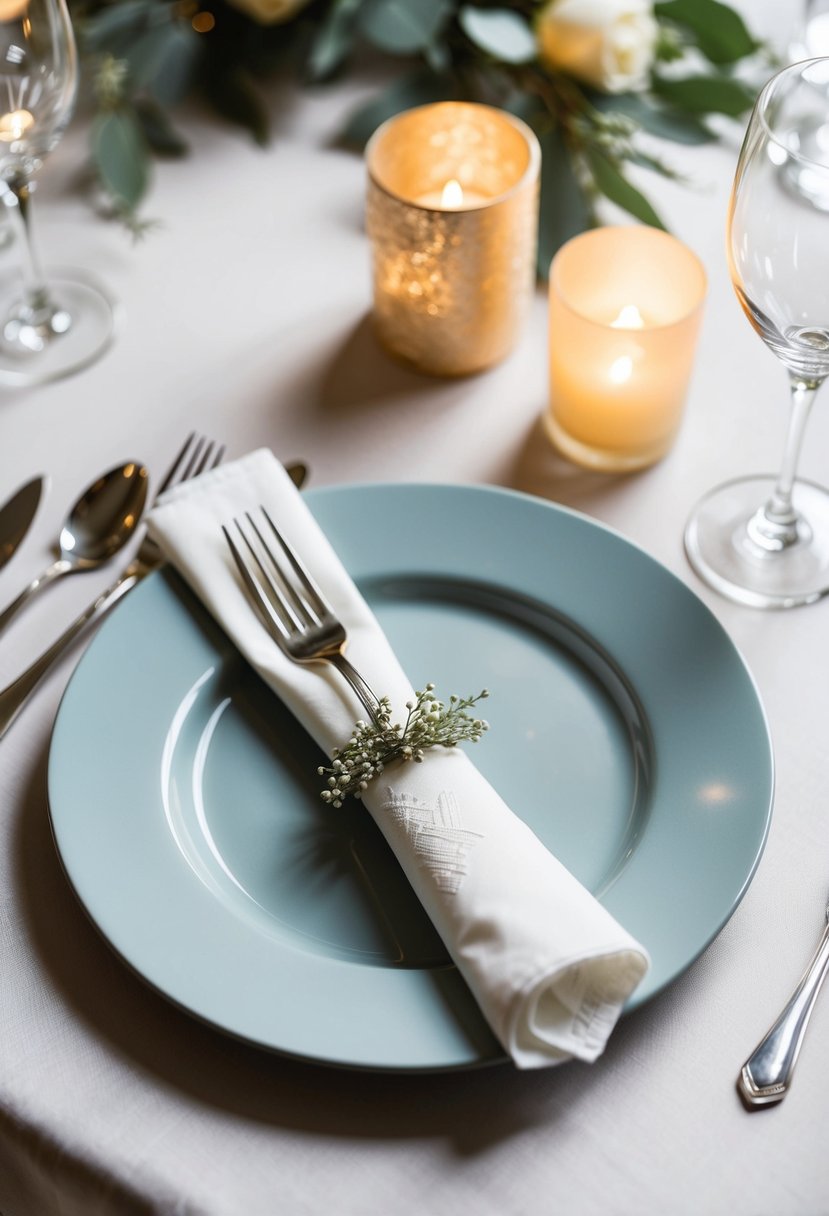 Silverware wrapped in a napkin, placed on a table with no plate, adorned with elegant wedding decorations