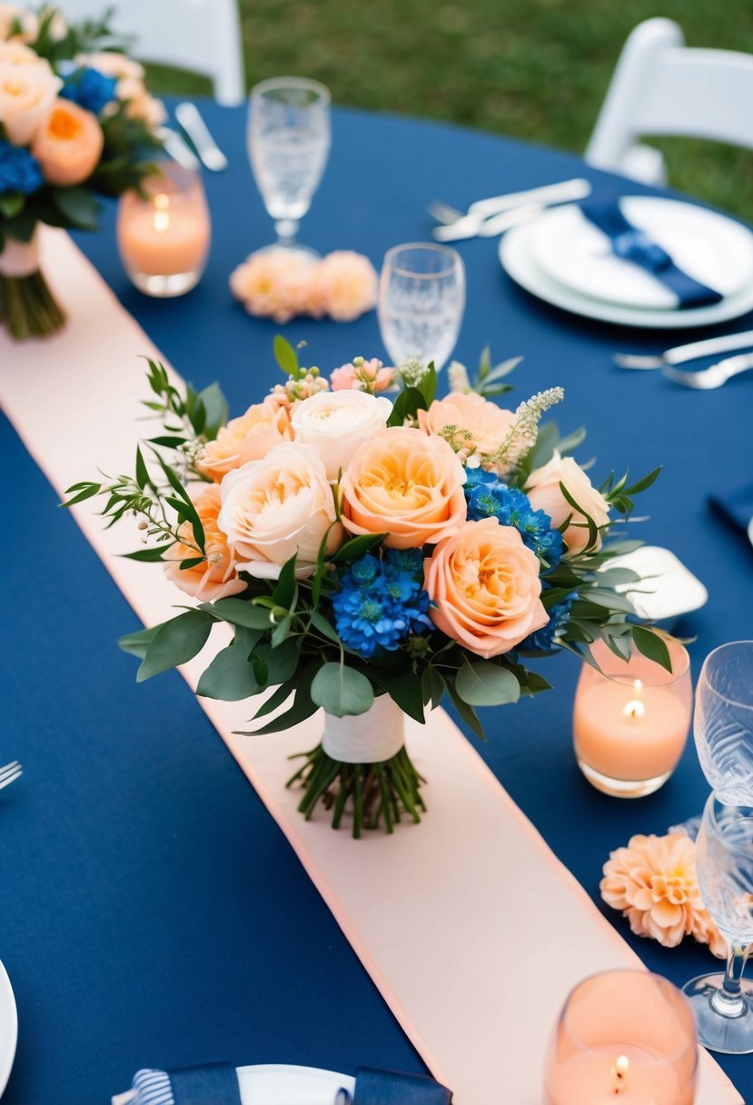 A navy blue wedding theme with peach accents: a peach-colored bouquet on a navy blue tablecloth, surrounded by blue and peach floral arrangements