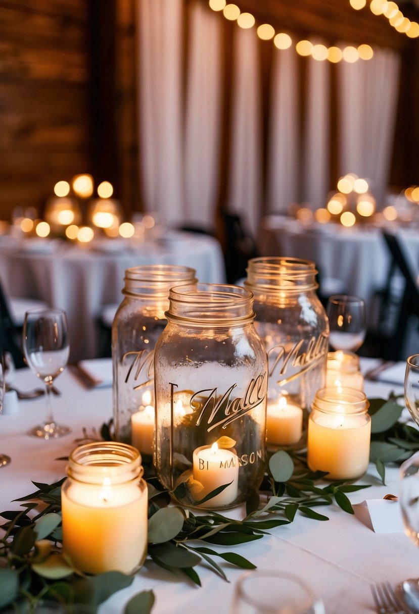 Mason jar centerpieces with lit candles on a wedding reception table