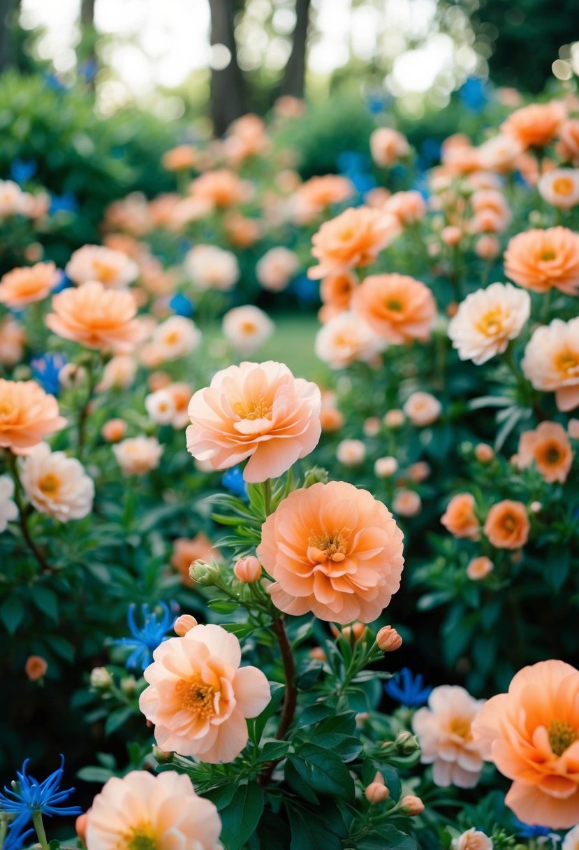 A lush garden filled with peach and coral flowers, with hints of blue accents scattered throughout