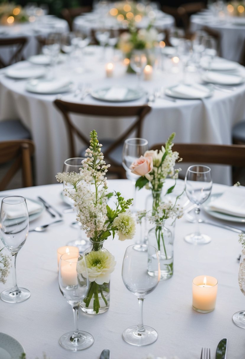 Glassware arranged in a cascading pattern on a white linen tablecloth, with delicate flowers and candles interspersed