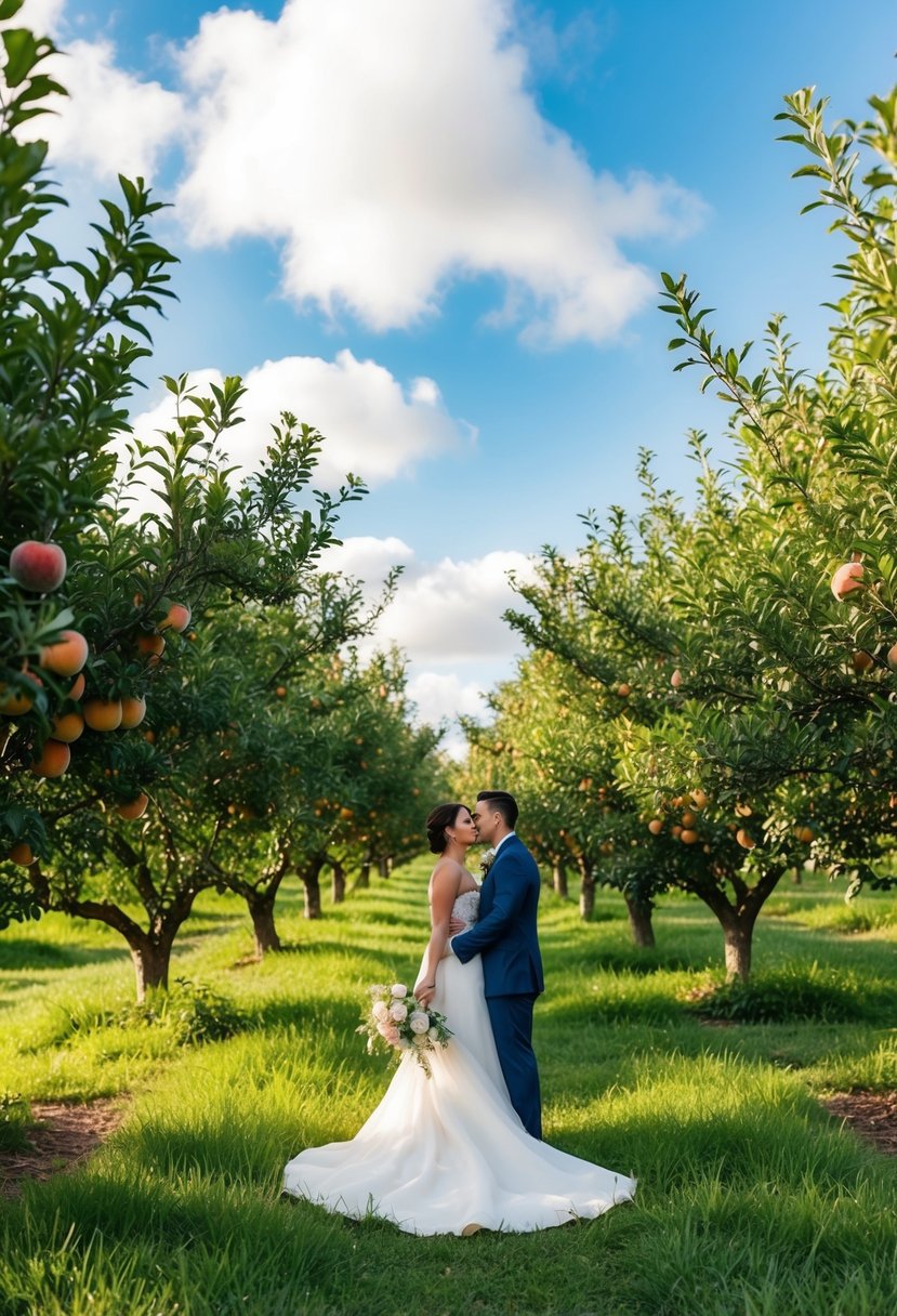 A lush peach orchard with blue sky and green grass, creating a serene and natural wedding color palette