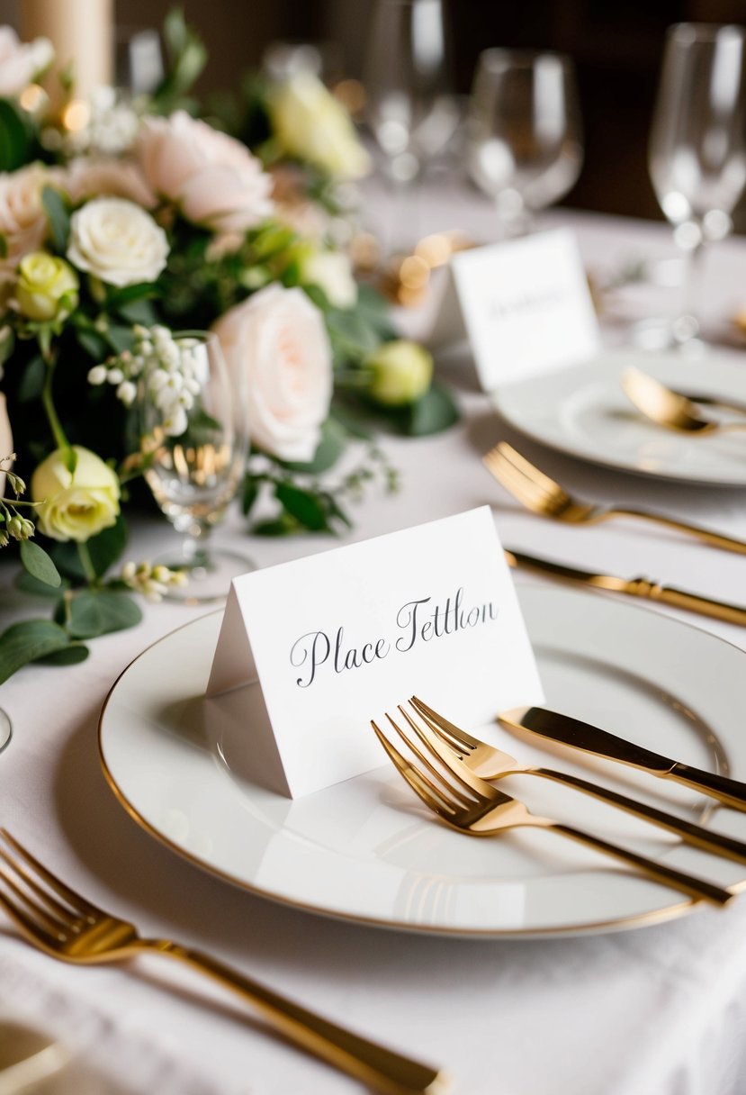 Place cards arranged on elegant place settings with floral centerpieces and gold cutlery