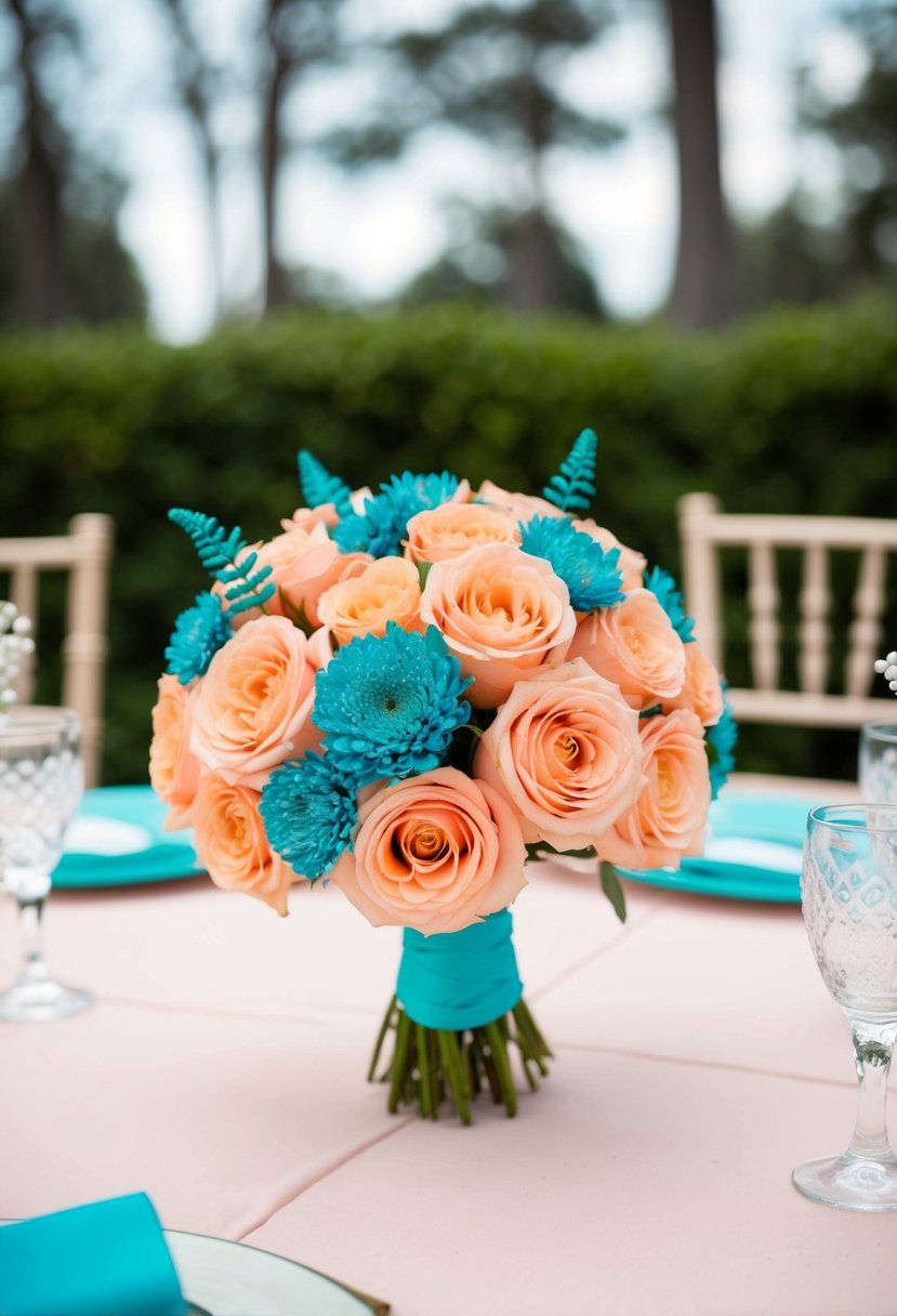 A peach and turquoise wedding bouquet with matching table decor