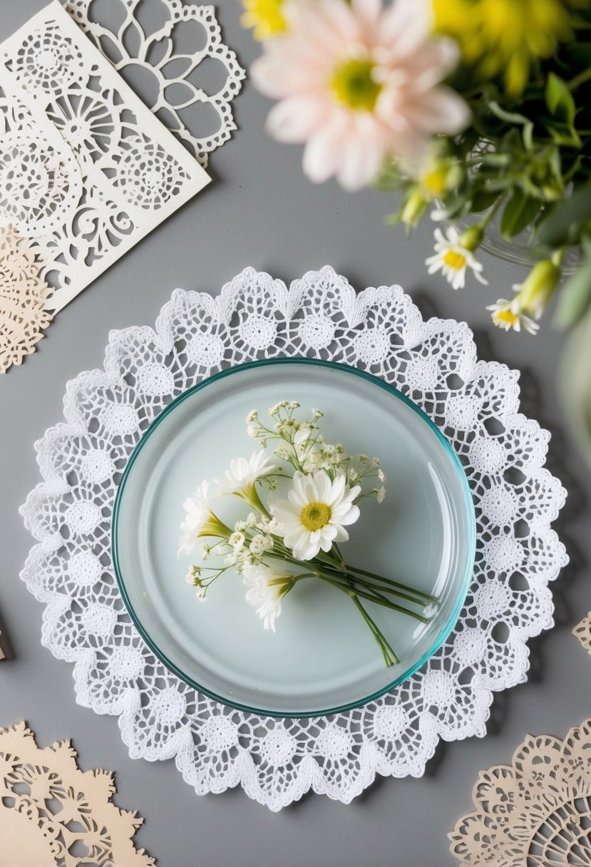 A white lace doily adorned with delicate flowers sits beneath a clear glass plate on a table, surrounded by decorative scrapbook paper cut into intricate patterns and designs