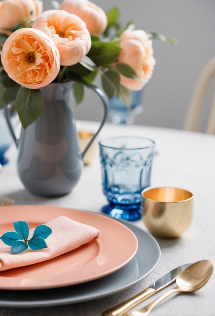 A peach and grey table setting with delicate blue accents