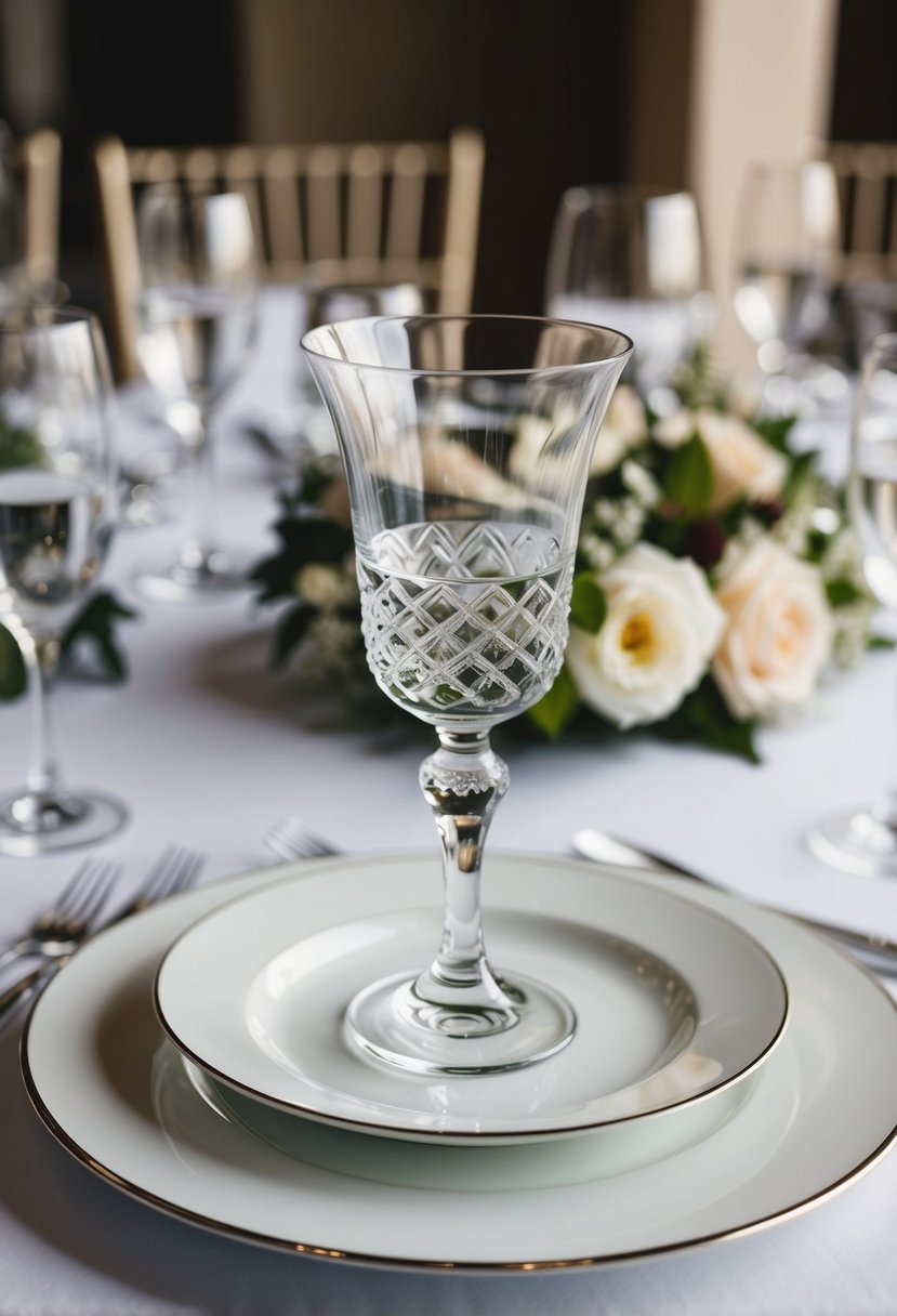 A water goblet sits atop a pristine white plate, set on a beautifully decorated wedding table