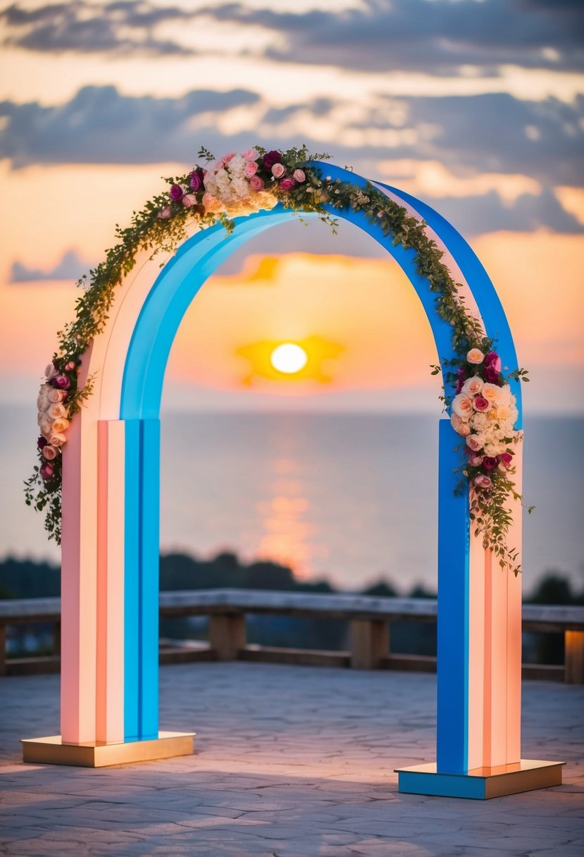 A peach and blue wedding arch adorned with plum flowers stands against a dramatic sunset backdrop