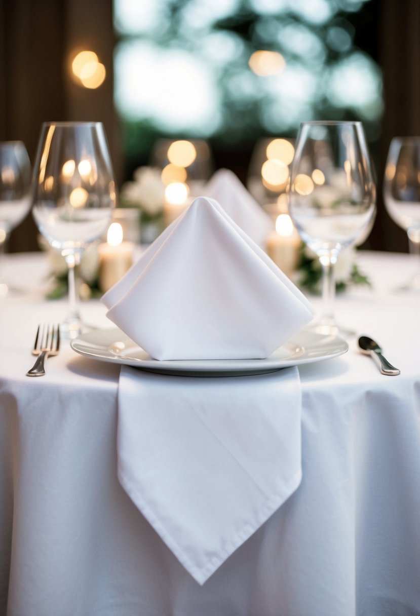 A white napkin folded in a classic style drapes over a table, with no plate in sight. This elegant setup is perfect for wedding table decorations