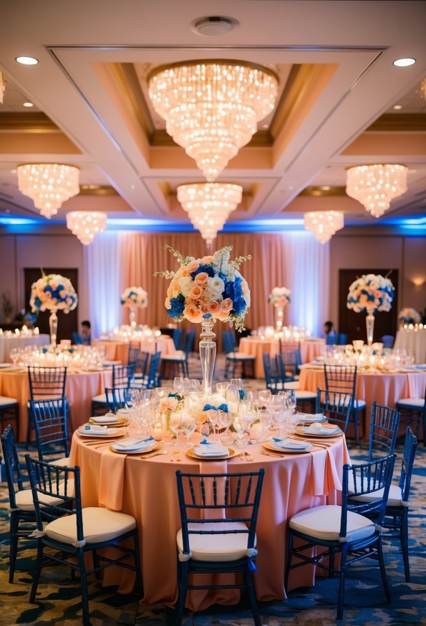 A lavish wedding reception with peach and gold decor, accented with hints of blue, creating a luxurious and elegant atmosphere