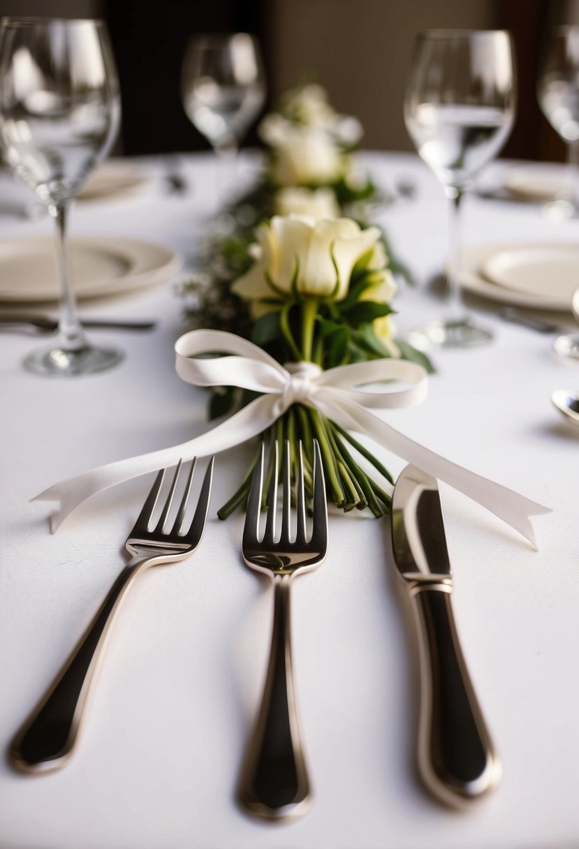 Ribbons tied around silverware on a wedding table