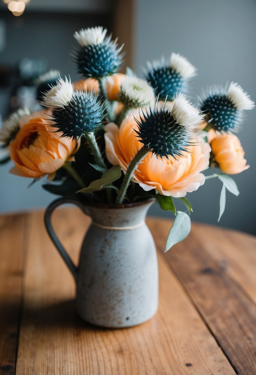 A peach and blue thistle bouquet with white accents in a rustic vase on a wooden table