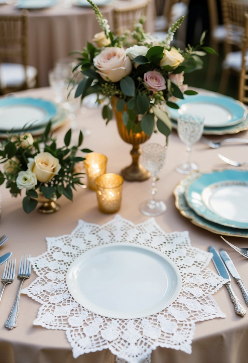 Square lace doilies arranged on a table with vintage plates and floral centerpieces for a wedding reception