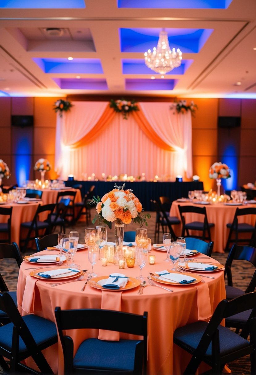 A peach and orange themed wedding reception with warm lighting and blue accents