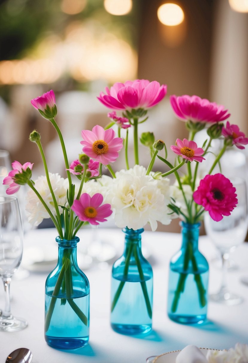 Small vases with blooming flowers arranged as a centerpiece on a wedding table