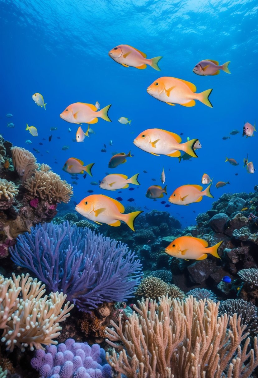 A serene underwater scene with coral blue coral and peach-colored fish swimming among vibrant coral reefs