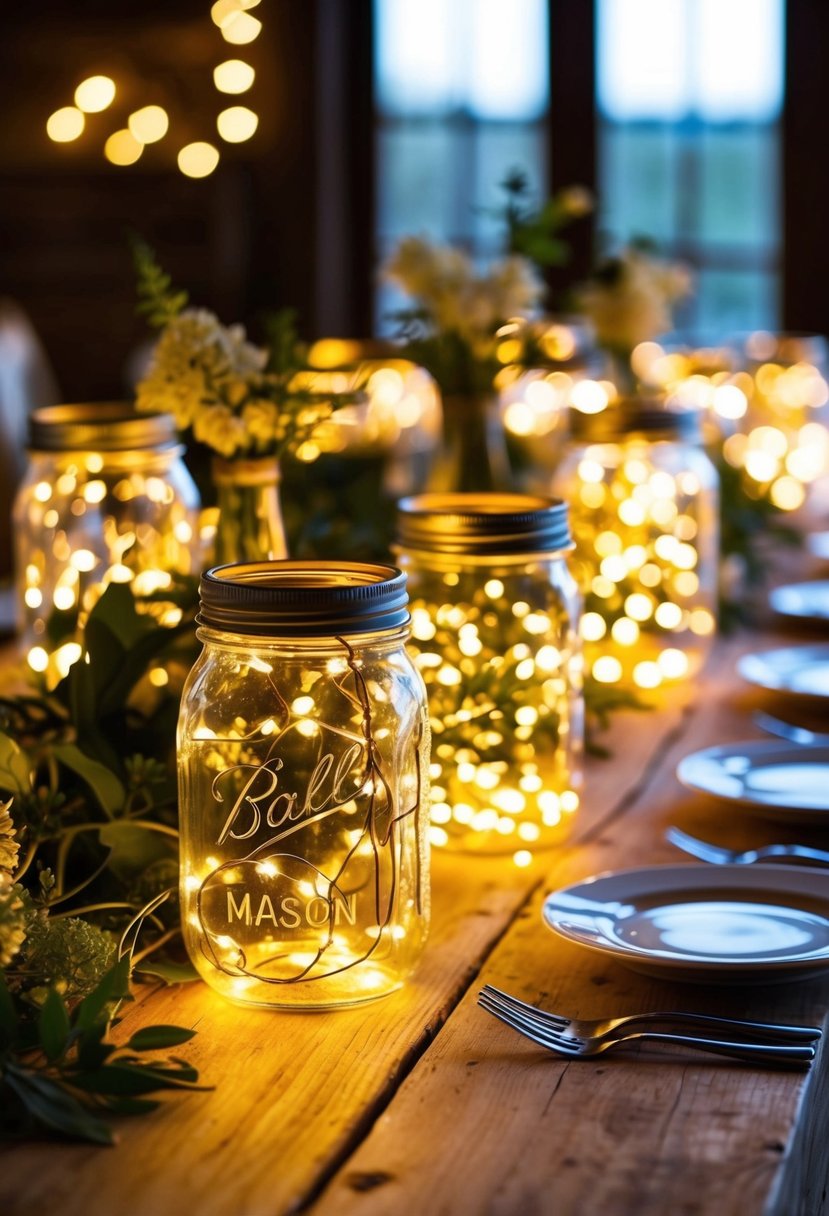 Mason jars filled with twinkle lights illuminate a rustic wedding table, creating a warm and cozy ambiance