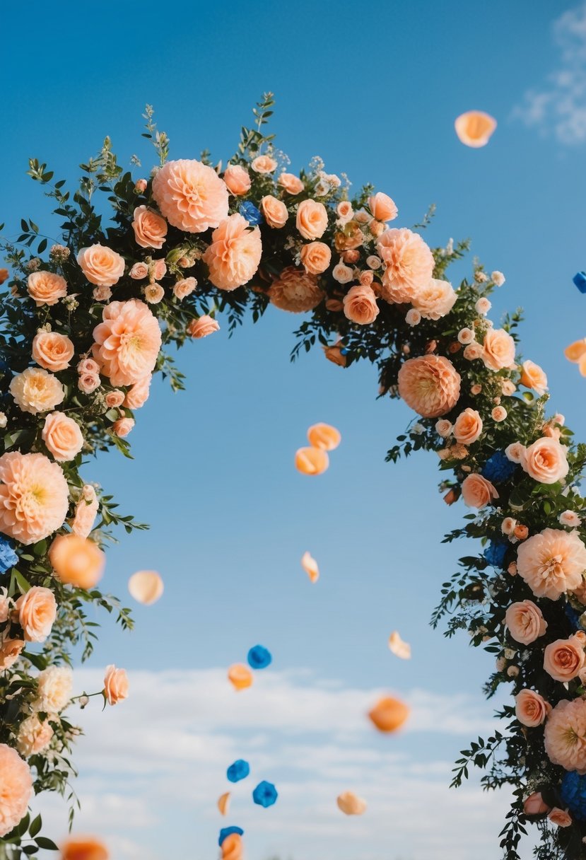 A peach and pink floral arch against a blue sky with scattered peach and blue accents