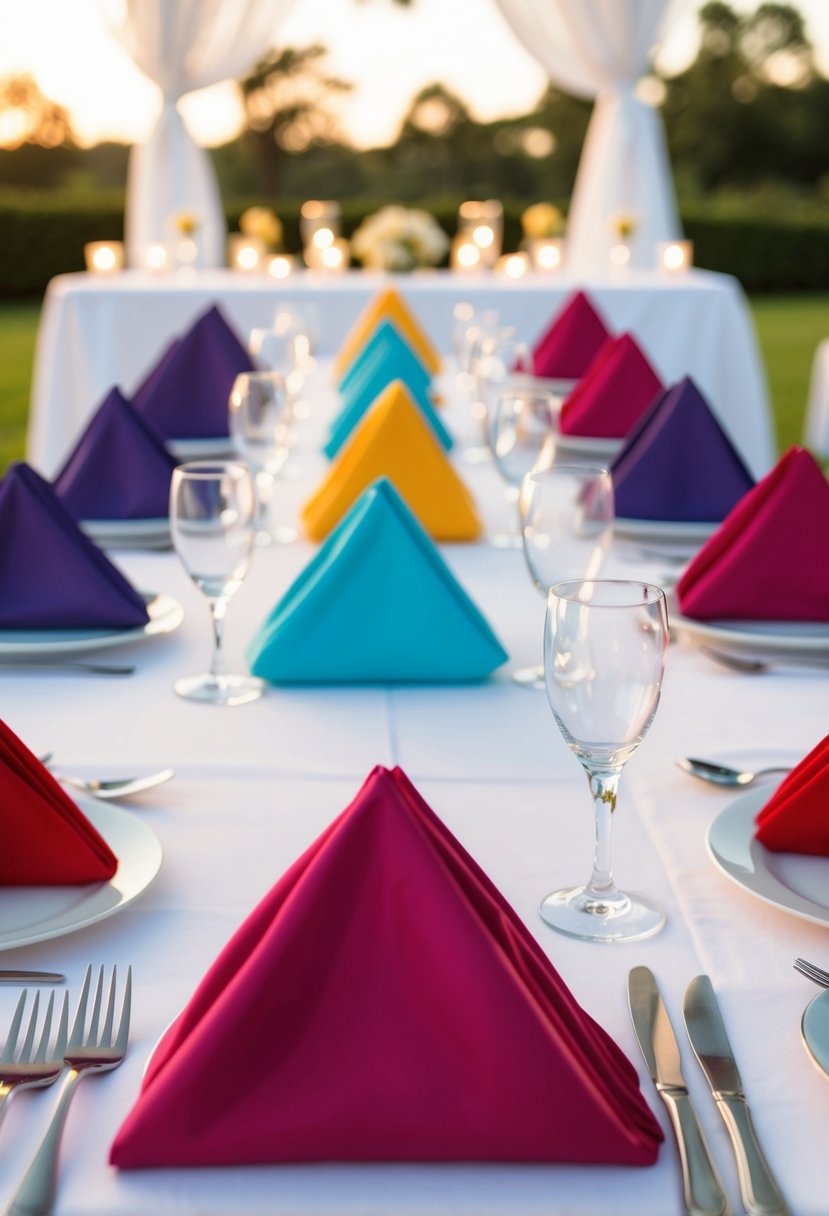 Color-coordinated napkins arranged on a wedding reception table, matching the theme and adding a decorative touch