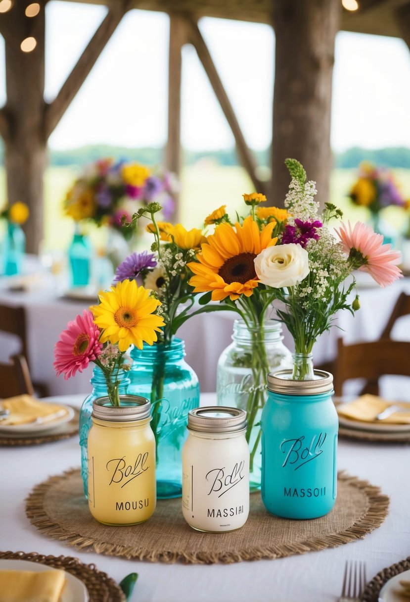 Colorful flowers in various-sized jars adorn a rustic wedding table, creating a charming and budget-friendly DIY centerpiece