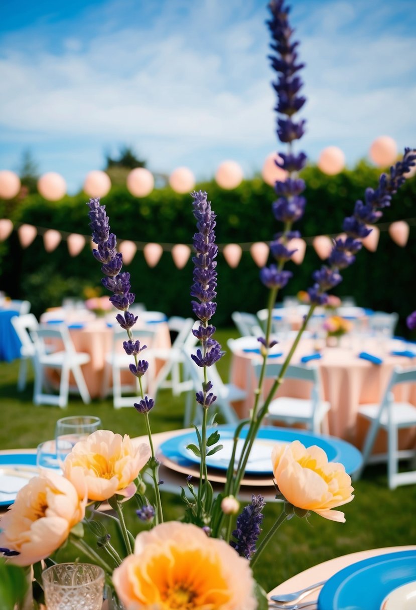 A garden party with peach and lavender flowers, set against a blue sky and table settings in peach and blue