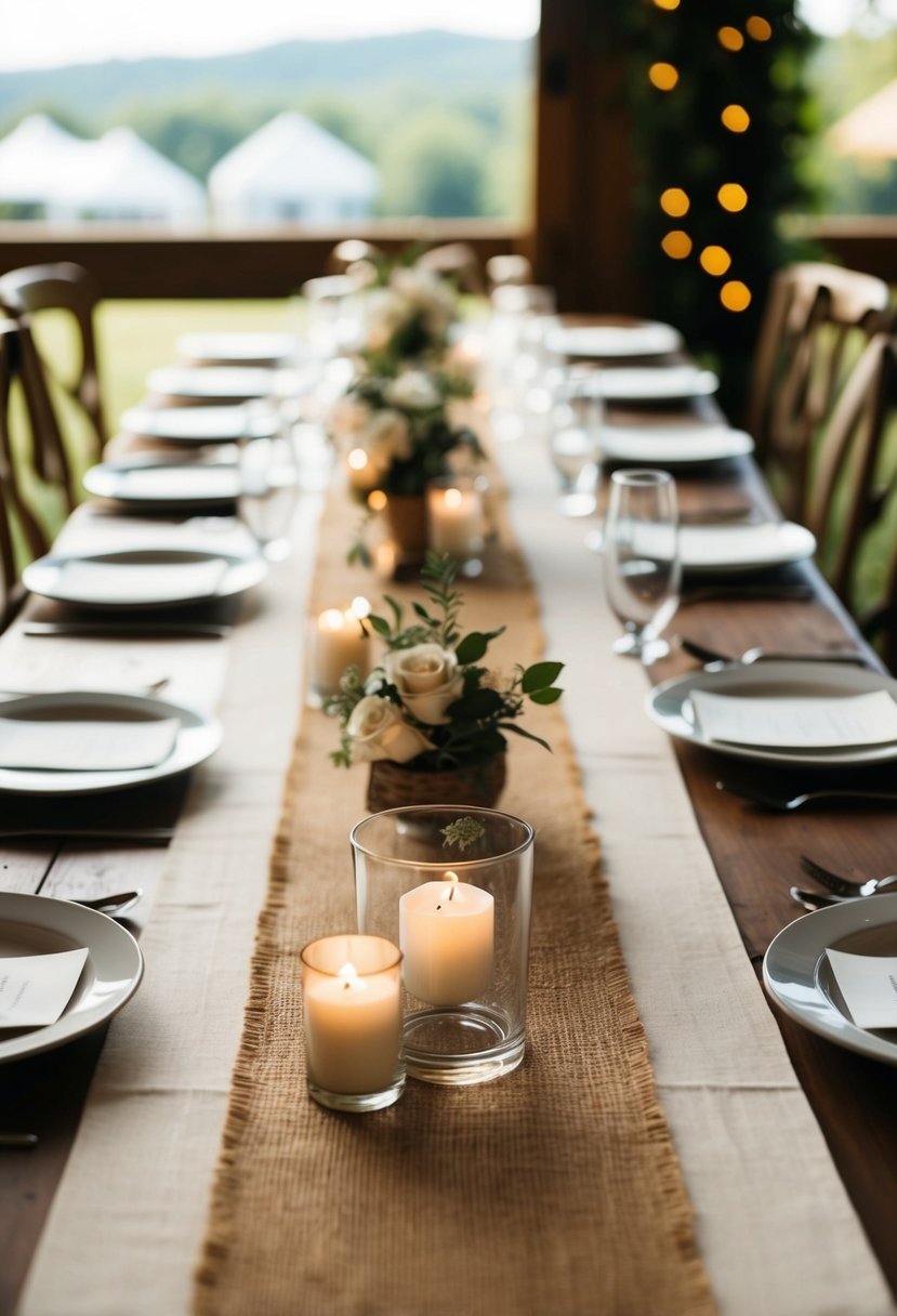 A rustic wedding table with burlap runners and no plates