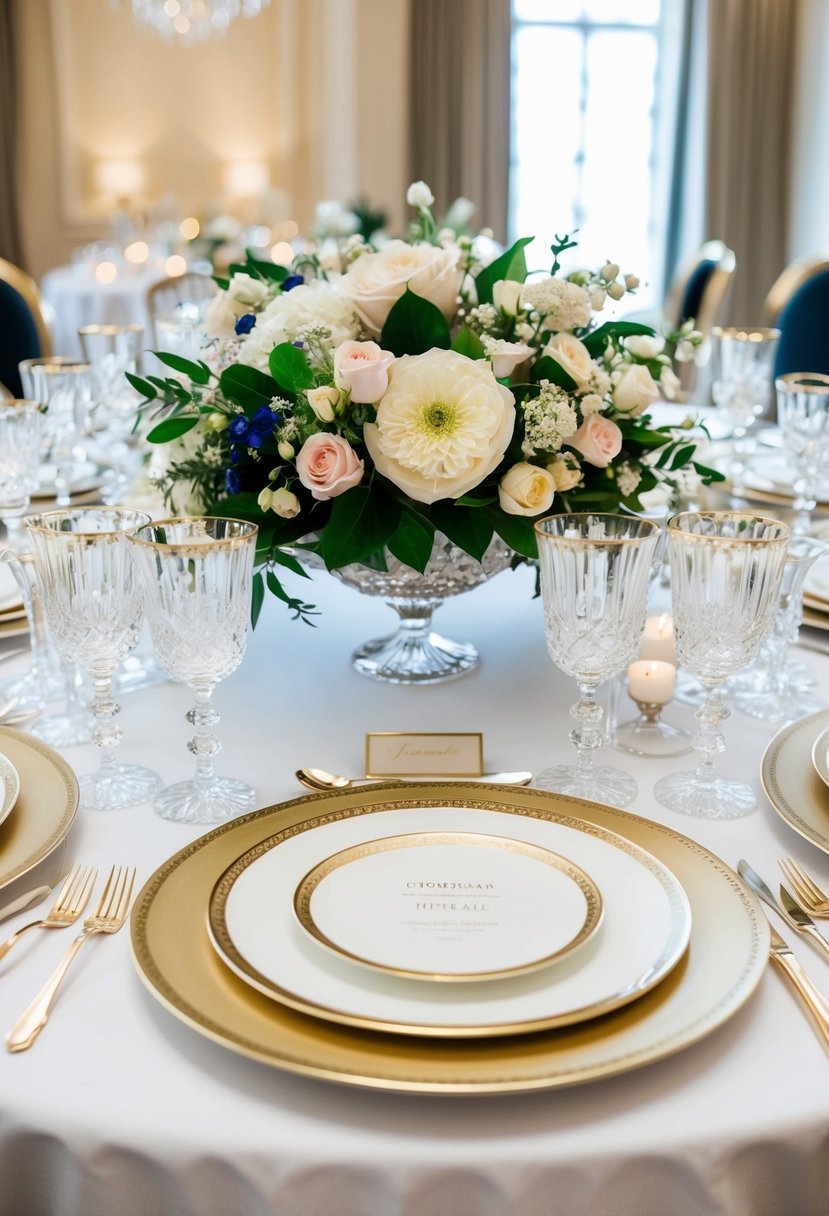 A lavish table setting with elegant floral centerpieces, sparkling crystal glassware, and gold-trimmed dinnerware