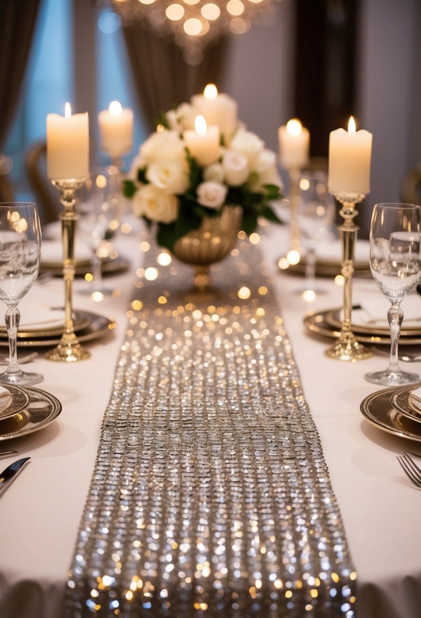 A glittering crystal table runner adorns an opulent wedding table, reflecting the soft glow of candlelight and adding a touch of luxury to the elegant setting