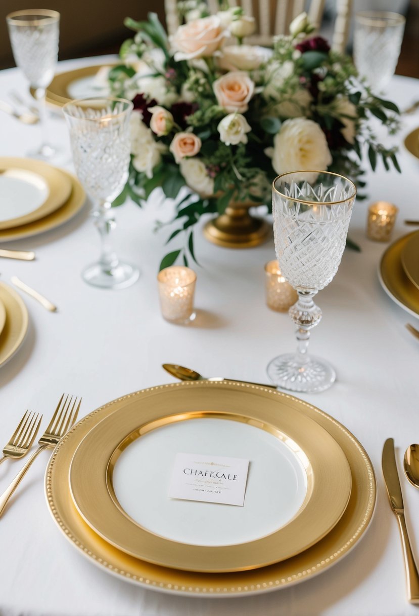 Gold-rimmed charger plates arranged on a white tablecloth with elegant floral centerpieces and sparkling crystal glassware