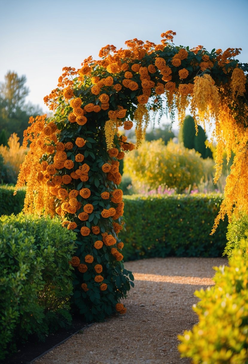 A sunlit garden with rust orange and yellow flowers cascading down an archway, surrounded by golden foliage and warm, glowing light