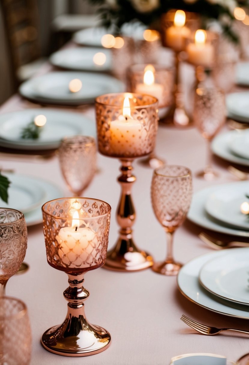 A table adorned with rose gold candle holders, casting a warm glow on a luxurious wedding setting