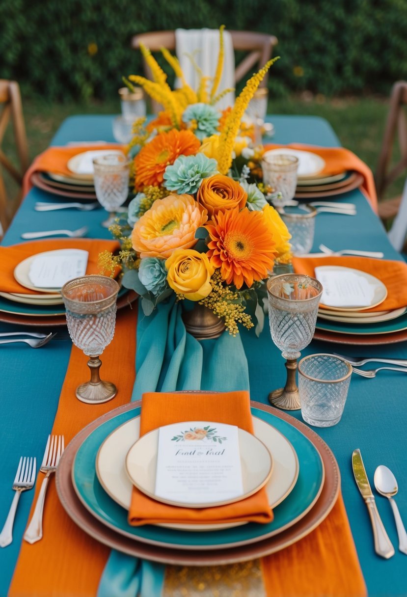 A rustic wedding table adorned with rust orange and vintage teal accents, complemented by yellow floral arrangements and elegant tableware