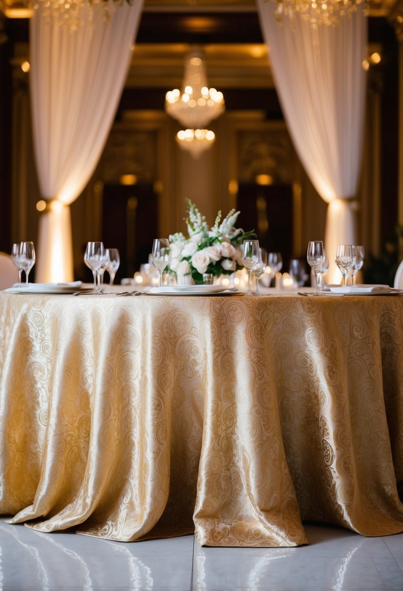 A lavish silk brocade tablecloth drapes over a grand wedding table, adorned with intricate patterns and shimmering with opulence