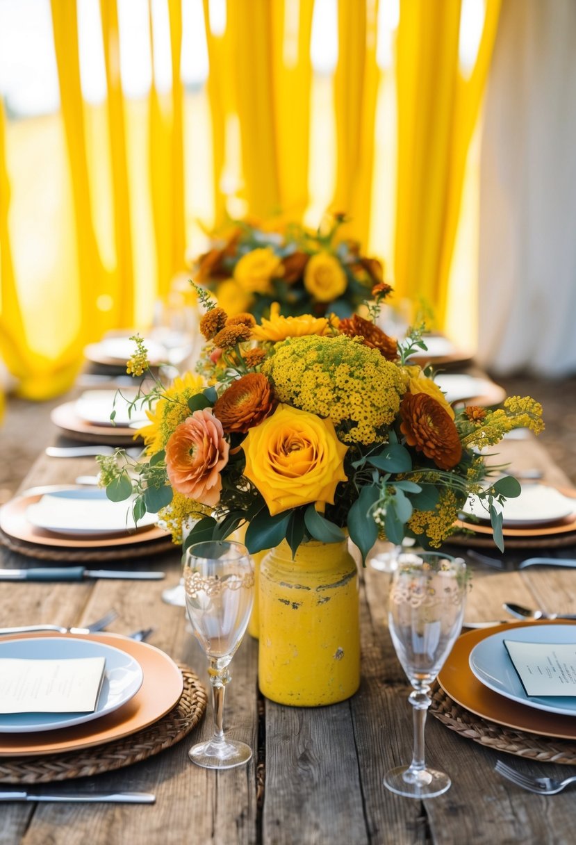 A rustic wedding table adorned with golden yellow and rust orange floral arrangements, set against a backdrop of sunny yellow accents