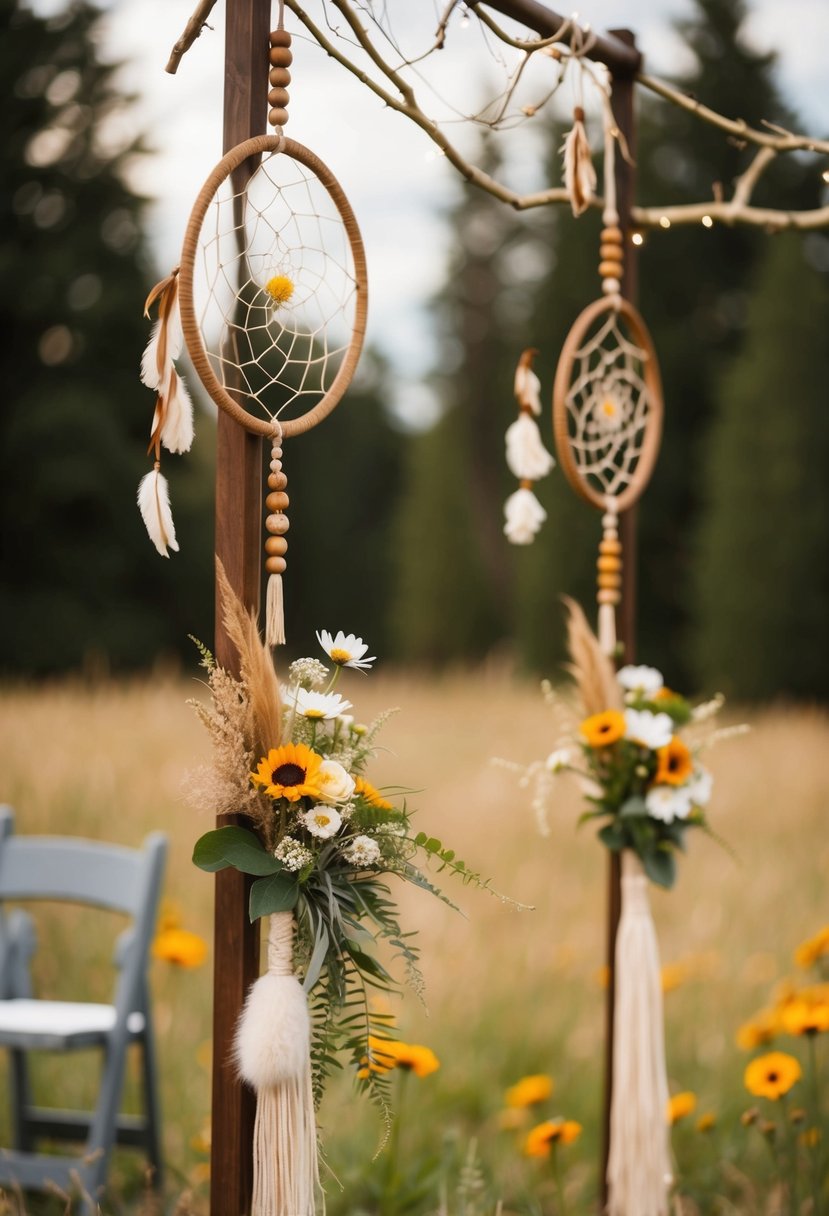 A cozy outdoor ceremony with earthy tones, dreamcatchers, and wildflowers