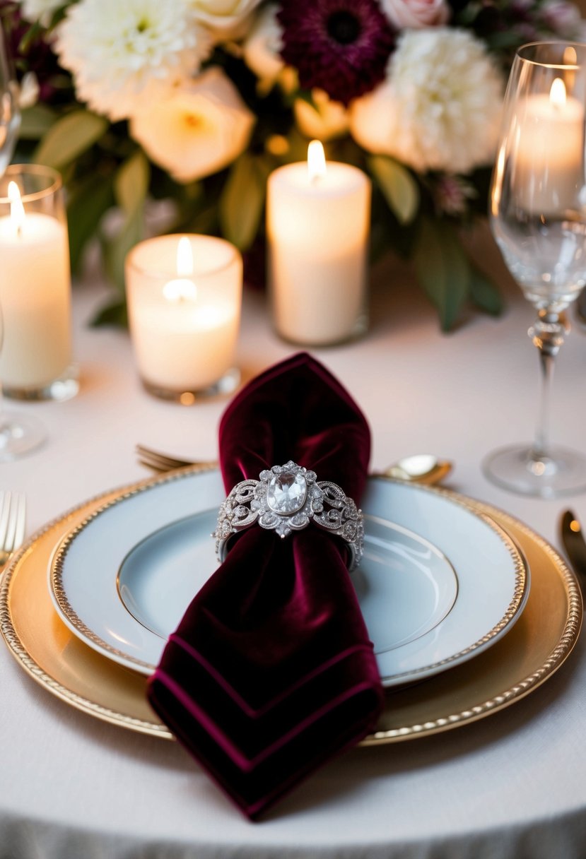 A table set with ornate velvet napkin rings, surrounded by elegant wedding decor and soft candlelight