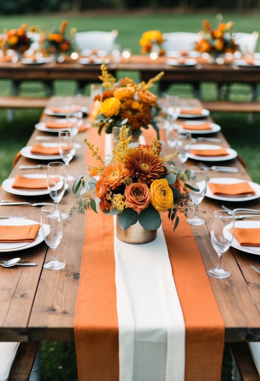 A rustic wedding table with burnt orange runners, adorned with rust orange and yellow floral arrangements