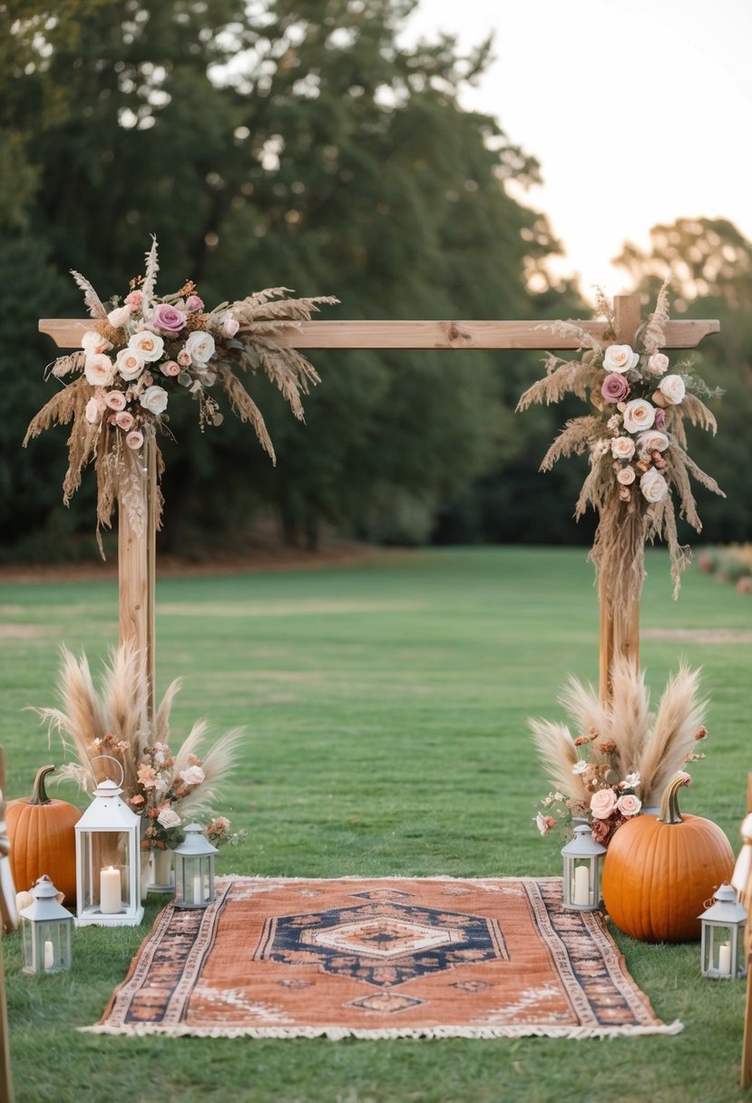 A rustic boho wedding scene with dusty rose and pumpkin fusion colors: A wooden arch adorned with flowers, vintage rugs, and lanterns in an outdoor setting