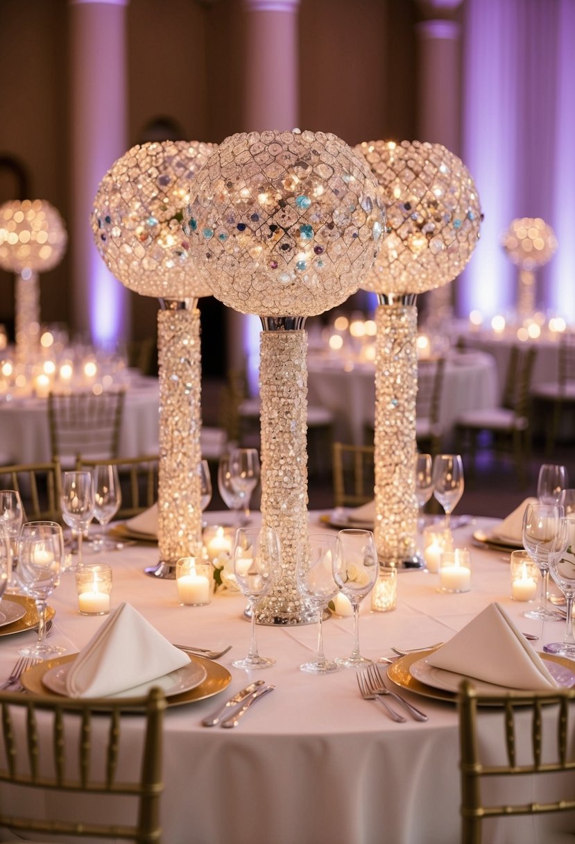 A grand wedding table adorned with Swarovski crystal-embellished vases, shimmering in the soft candlelight