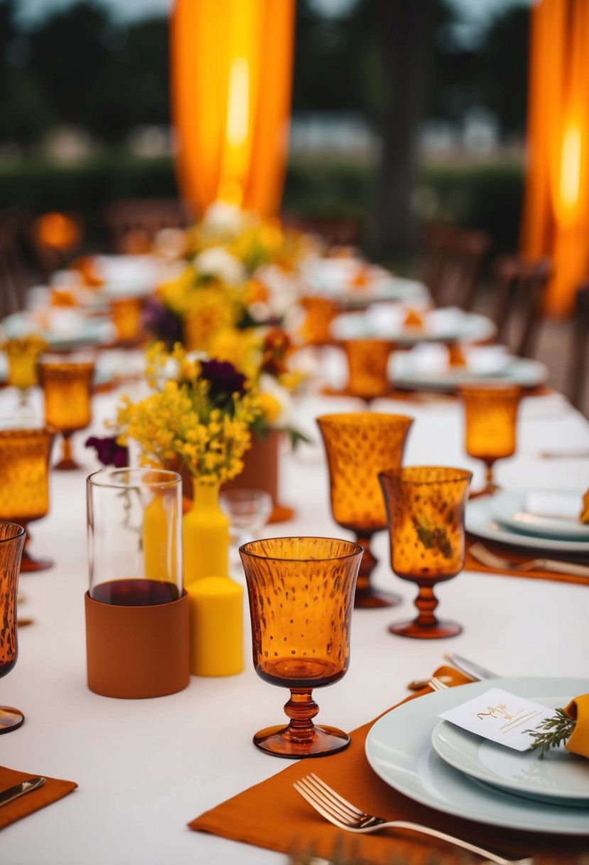 An elegant table setting with amber glassware and accents in rust orange and yellow, creating a warm and inviting atmosphere for a wedding celebration