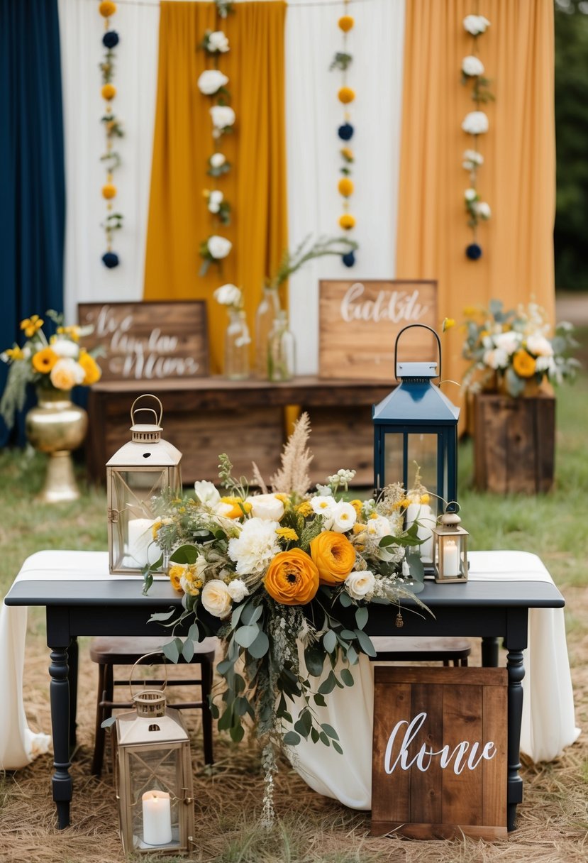 A rustic boho wedding scene with mustard and navy color palette, featuring elegant floral arrangements, vintage lanterns, and wooden signage