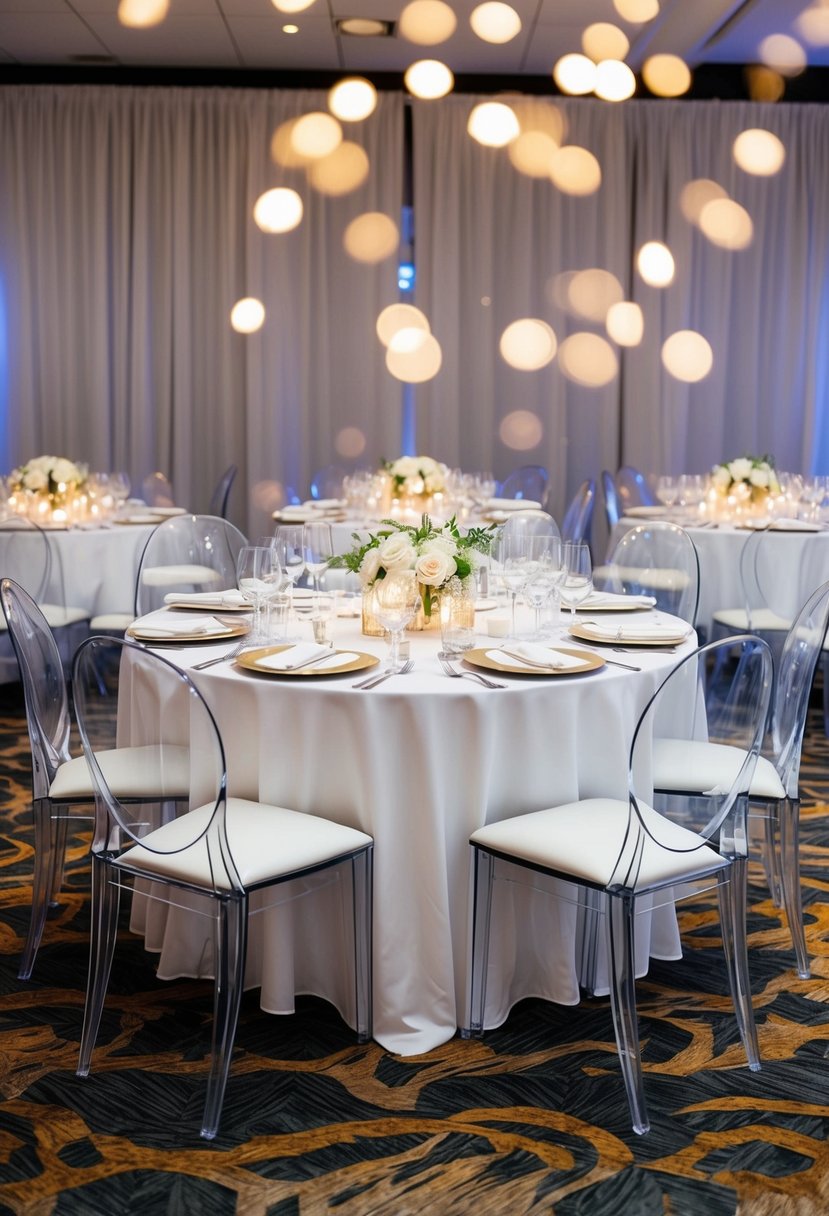 Elegant table set with transparent ghost chairs for a luxury wedding