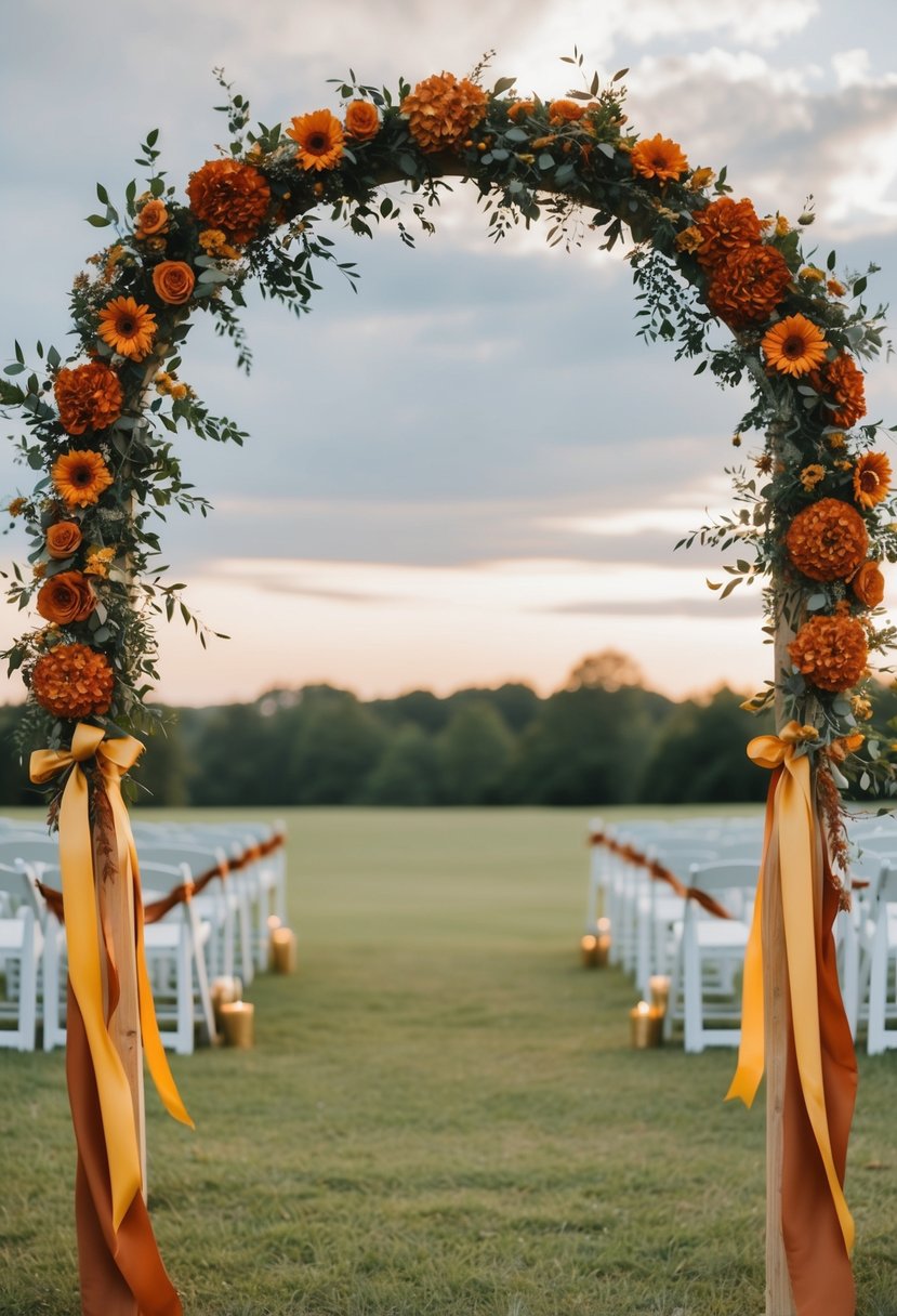 A wedding arch adorned with rust orange and yellow flowers and ribbons