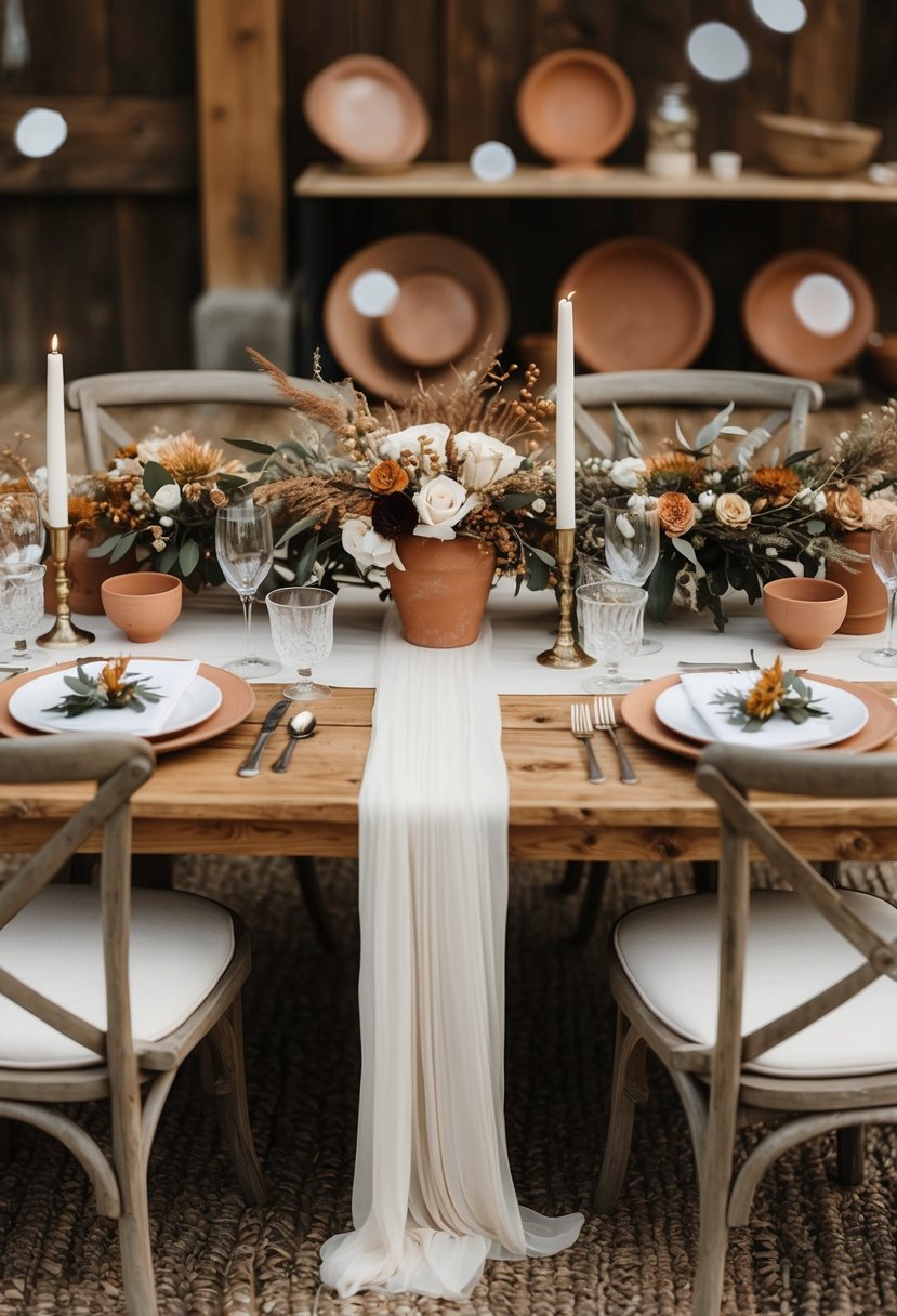 A rustic boho wedding scene with ivory and terra cotta decor, featuring earthy tones and natural textures