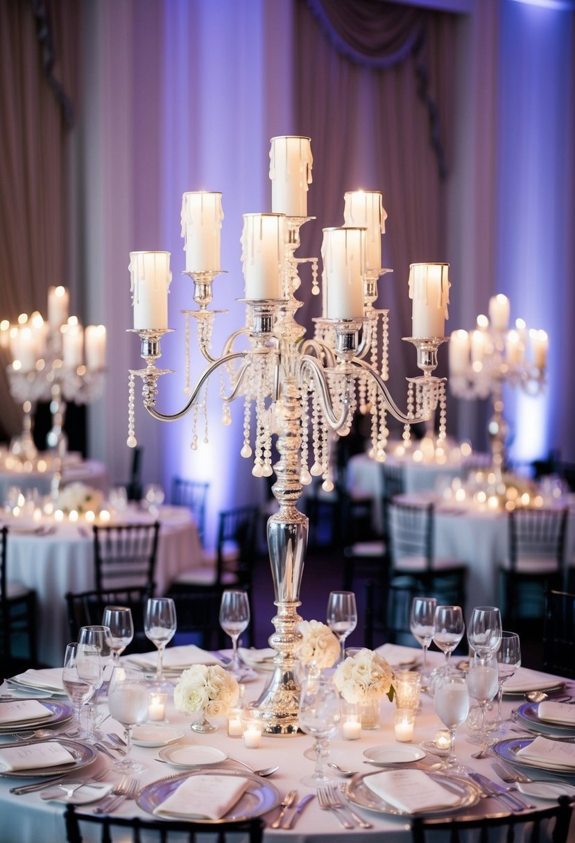 Silver candelabras adorned with dripping pearls illuminate a lavish wedding table setting