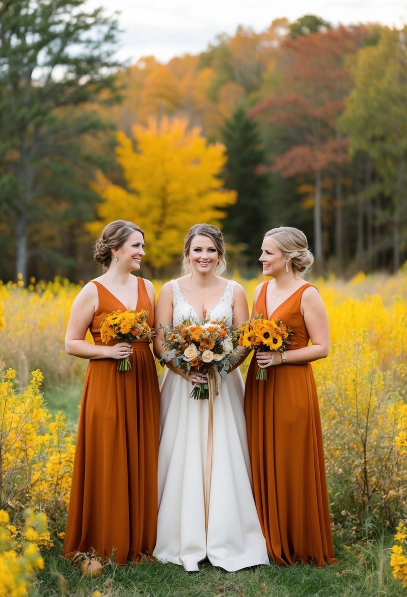 A rustic outdoor wedding with bridesmaids in rust orange dresses, surrounded by yellow wildflowers and autumn foliage