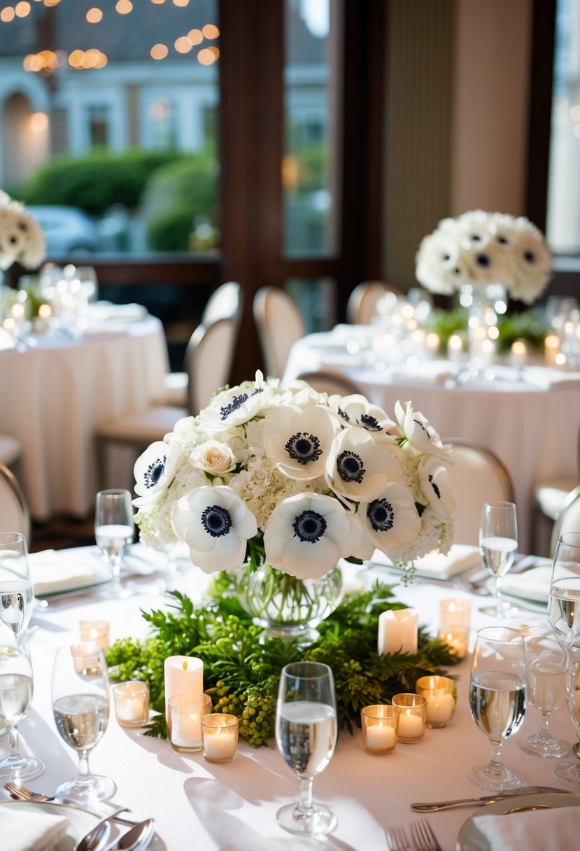 A lavish wedding table adorned with elegant white anemone centerpieces